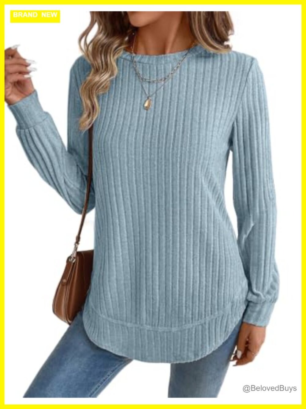 Womens Long Sleeve Tunic Sweater Crew Neck Lightweight Ribbed Knit